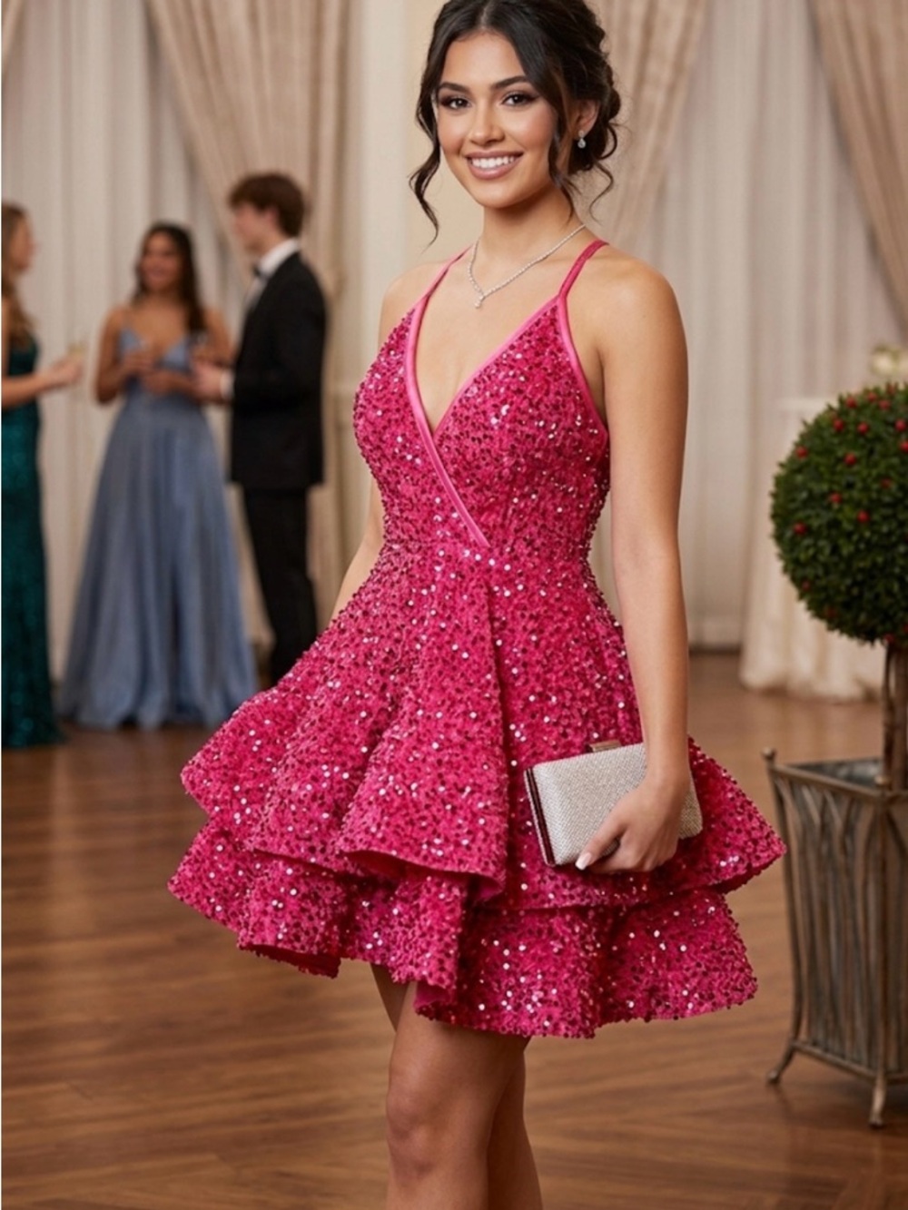 Ao Yan Handmade Sparkling Hot Pink Sequin Ruffle Mini Dress Sz 6